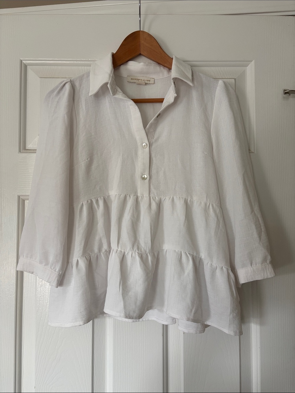 White Women's Tiered Peplum Button-Front Blouse